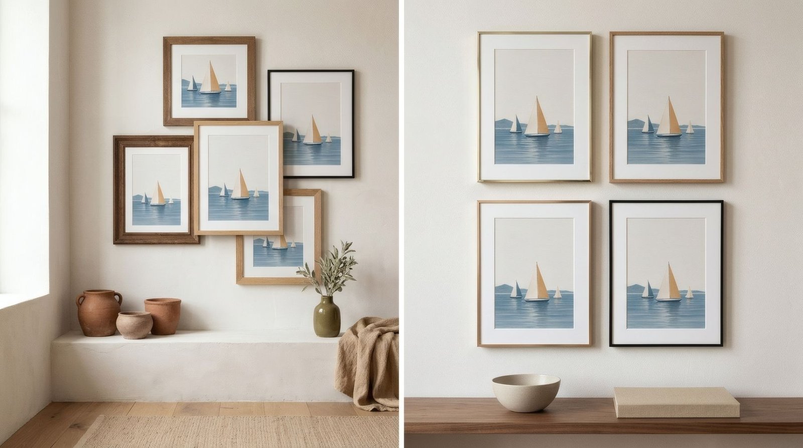 Mixed chunky and thin frames in disorder on the left; slim-profile frames in mixed materials on the right