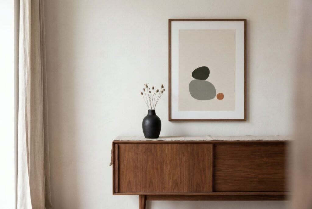 Walnut sideboard against a beige wall with a pale portrait print of a toasted-brown form and charcoal line, plus a black vase