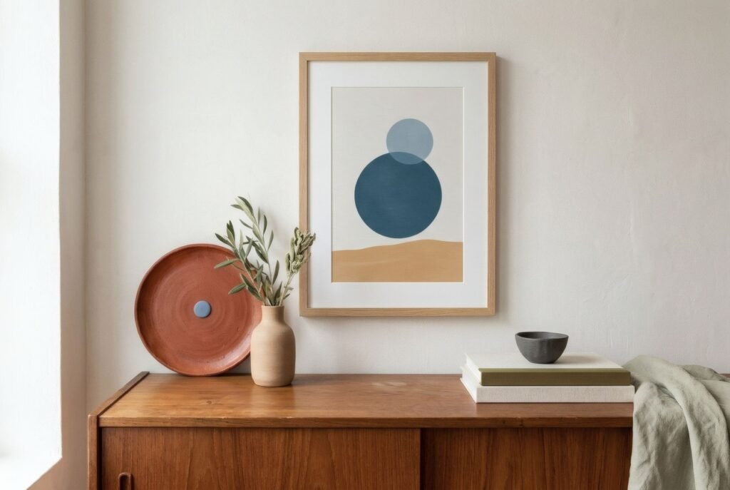 Aparador de teca de estilo años cincuenta con una lámina abstracta terracota con un pequeño punto azul