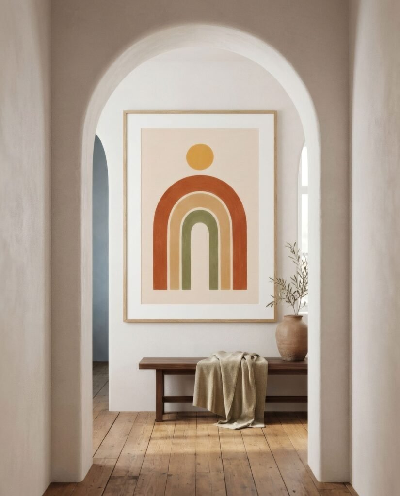 Arco encalado de una puerta con una lámina en forma de arco visible en la pared del fondo