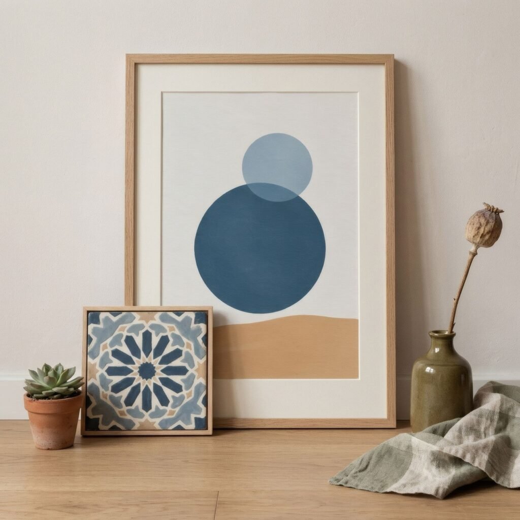 Baldosa hidráulica con dibujo junto a la esquina de una lámina que repite su azul