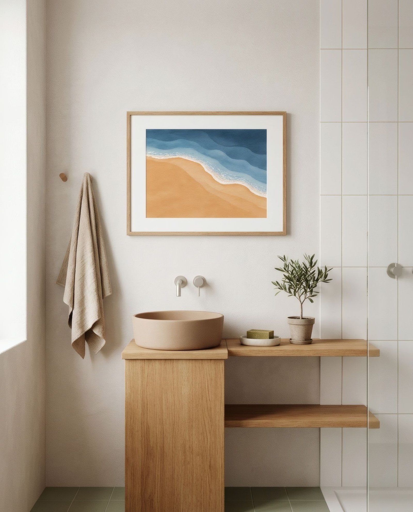 Baño luminoso y ventilado con azulejos blancos y madera, y una lámina pequeña enmarcada con cristal