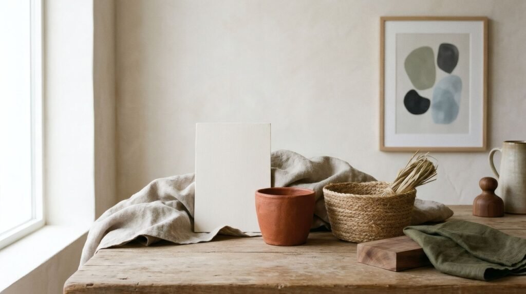 Bodegón de materiales: muestra de cal, arcilla terracota, lino, esparto y madera
