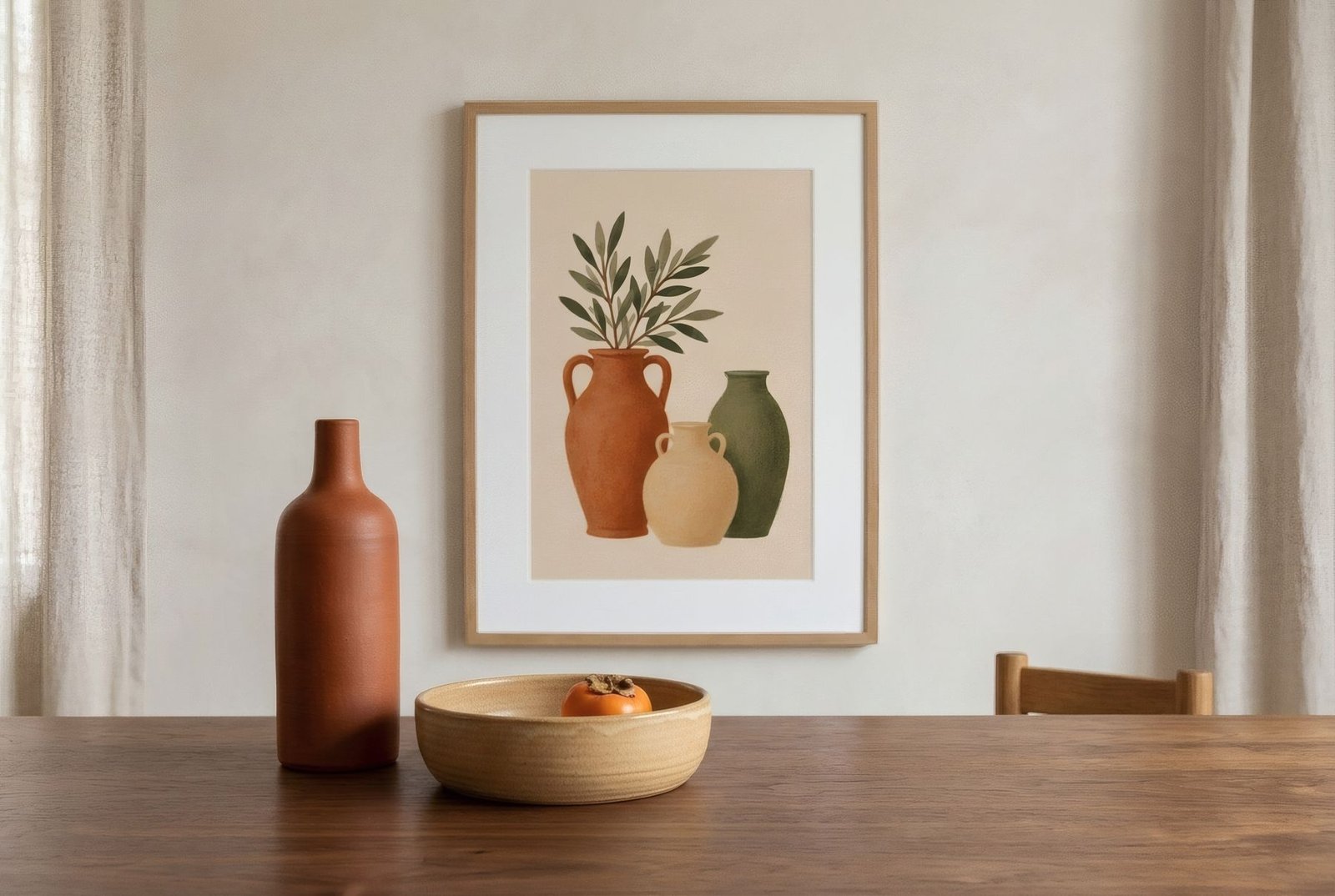 Balanced still life on a table of a tall bottle, a low wide bowl and a small fruit, a print blurred behind