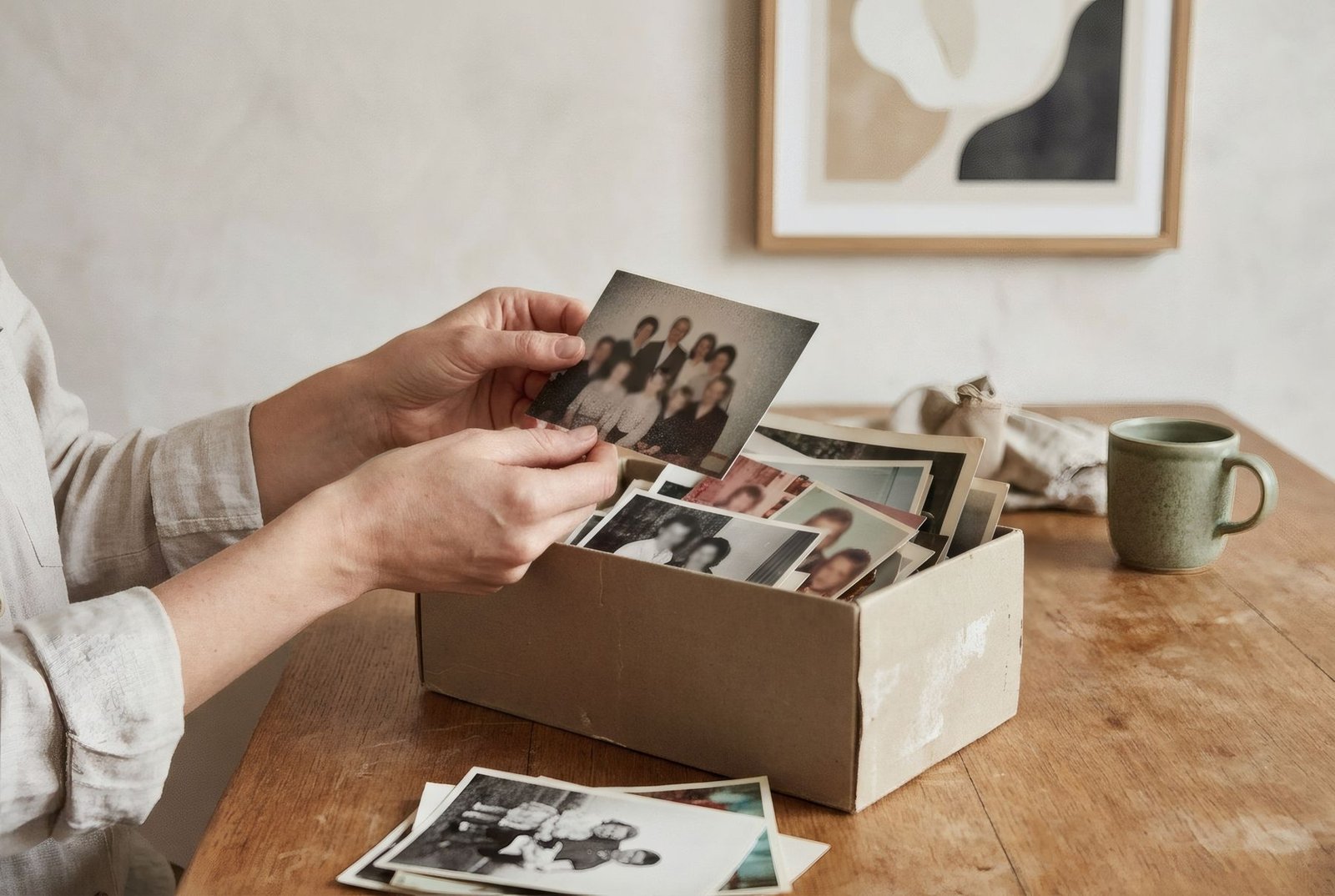 Caja de zapatos llena de fotografías familiares antiguas sobre una mesa, con manos sosteniendo una de ellas