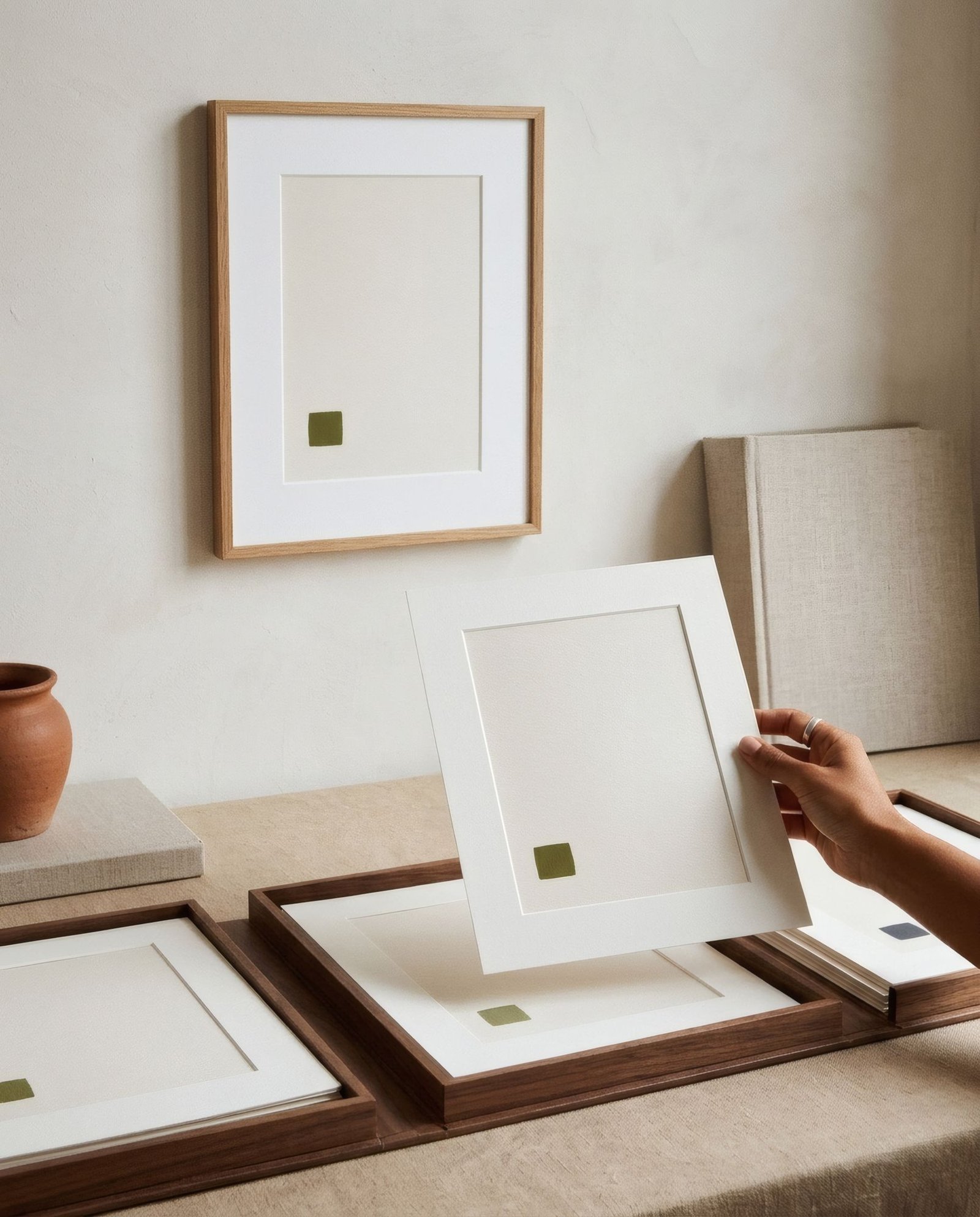 Open portfolio with several stored prints, one held in hand, and a single framed print on the wall behind