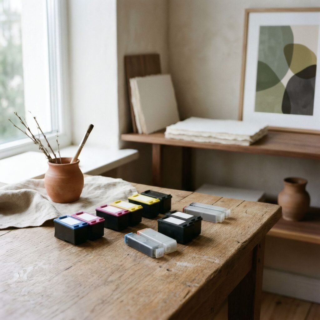 Cartuchos de tinta de varios colores dispuestos sobre una mesa