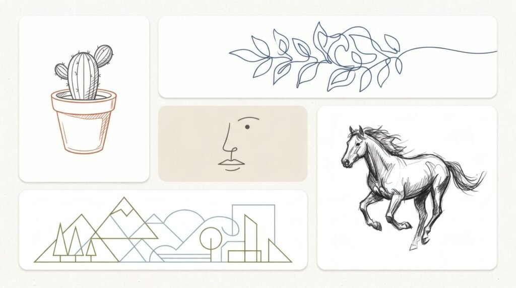 Cinco estilos de dibujo lineal: contorno, línea continua, minimalista, expresivo y geométrico