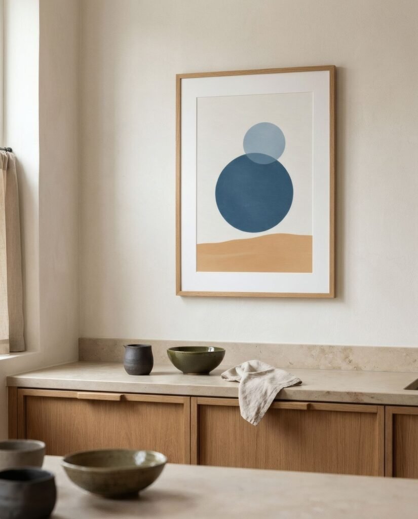 Cocina con encimera de piedra y armarios de madera, con una lámina pequeña azul y arena en la pared