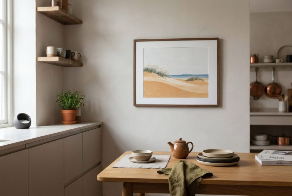 Cocina con vida y una lámina enmarcada junto a la mesa del desayuno, lejos de la placa