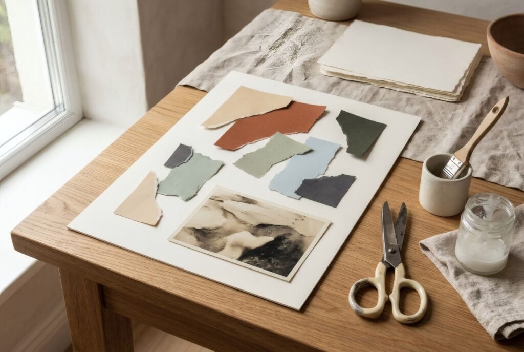Collage en proceso sobre una mesa con papeles de colores rasgados, una fotografía, pegamento y tijeras