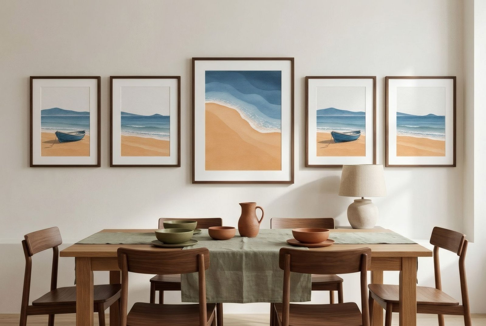 Comedor con composición simétrica: lámina grande central y pares iguales a cada lado