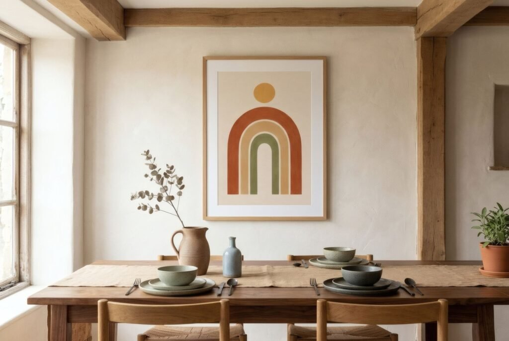 Comedor rústico moderno con vigas, mesa de madera maciza y pared encalada con lámina en tonos tierra y marco de roble