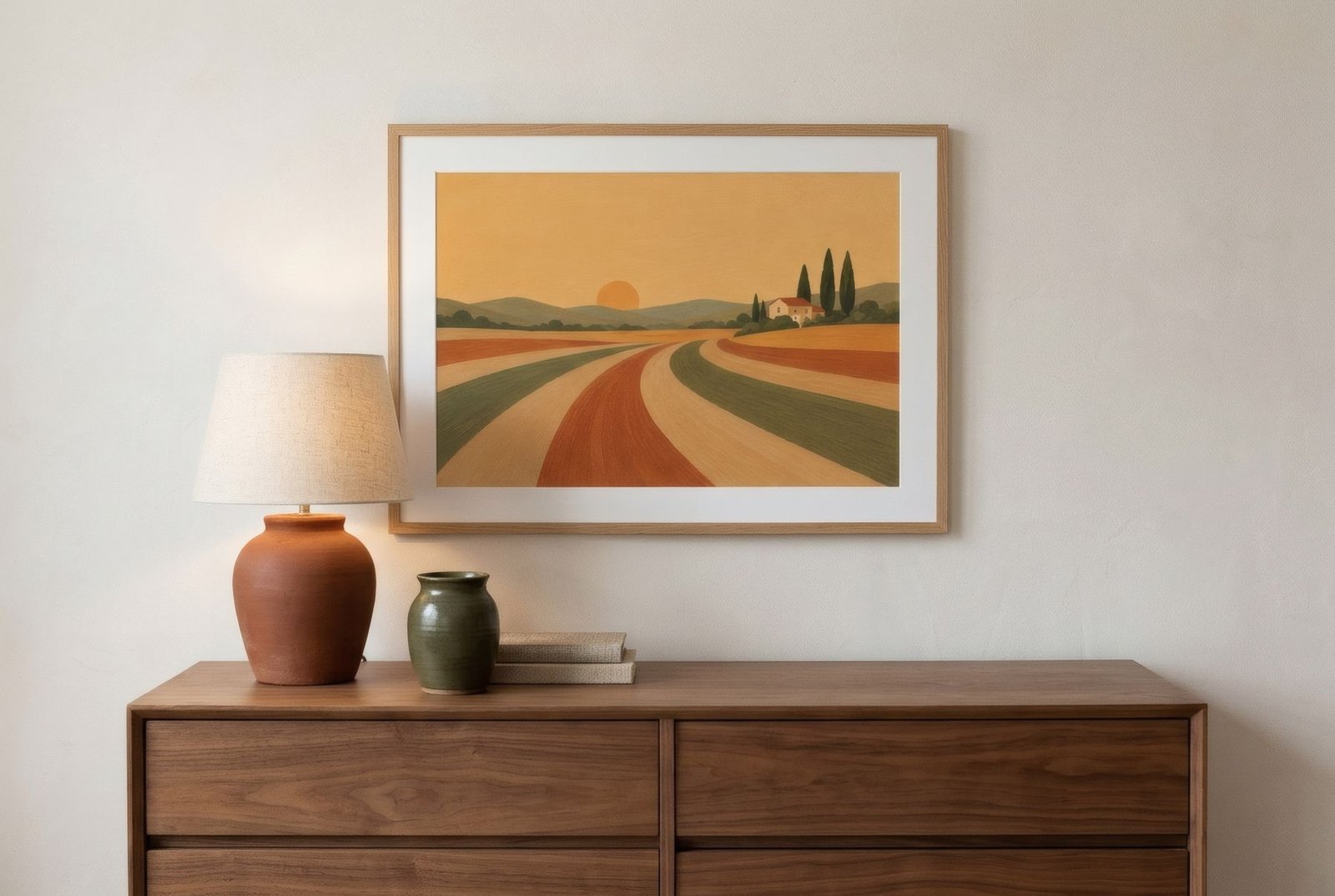 Cómoda de dormitorio con una lámina de paisaje suave encima y una lámpara de mesa en un extremo
