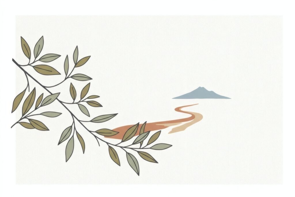 Composición de influencia japonesa: rama recortada en primer plano, montaña pequeña al fondo, colores planos