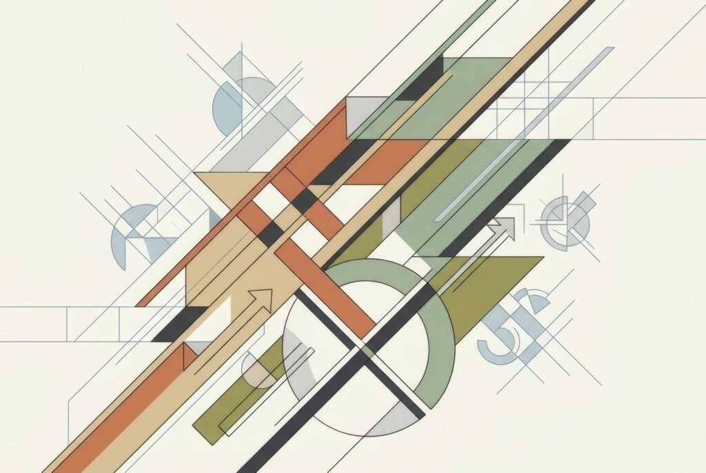 Composición de inspiración constructivista con diagonales en rojo, negro y blanco, sin texto