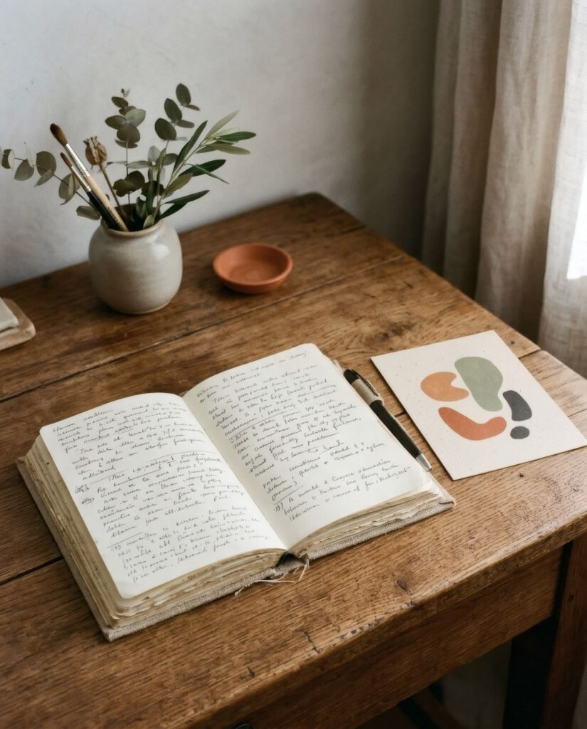 Cuaderno con notas manuscritas ilegibles junto a una postal de arte
