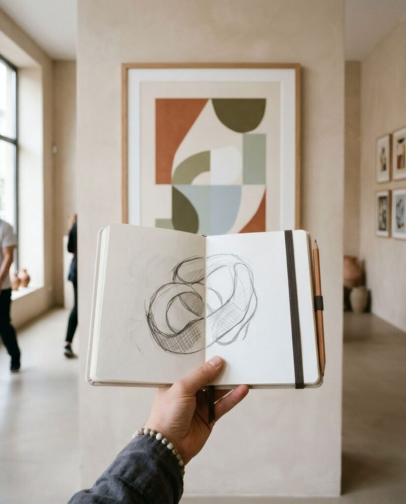 Cuaderno con un boceto a lápiz sostenido delante de una obra en una galería