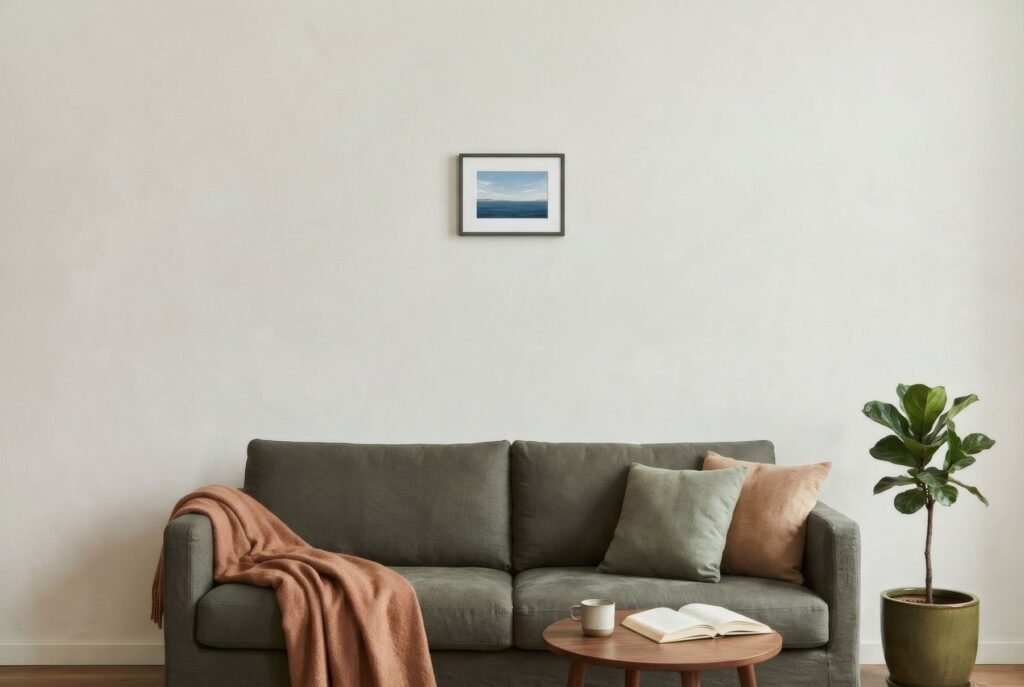 Cuadro colgado demasiado alto y demasiado pequeño sobre un sofá, lejos del mueble