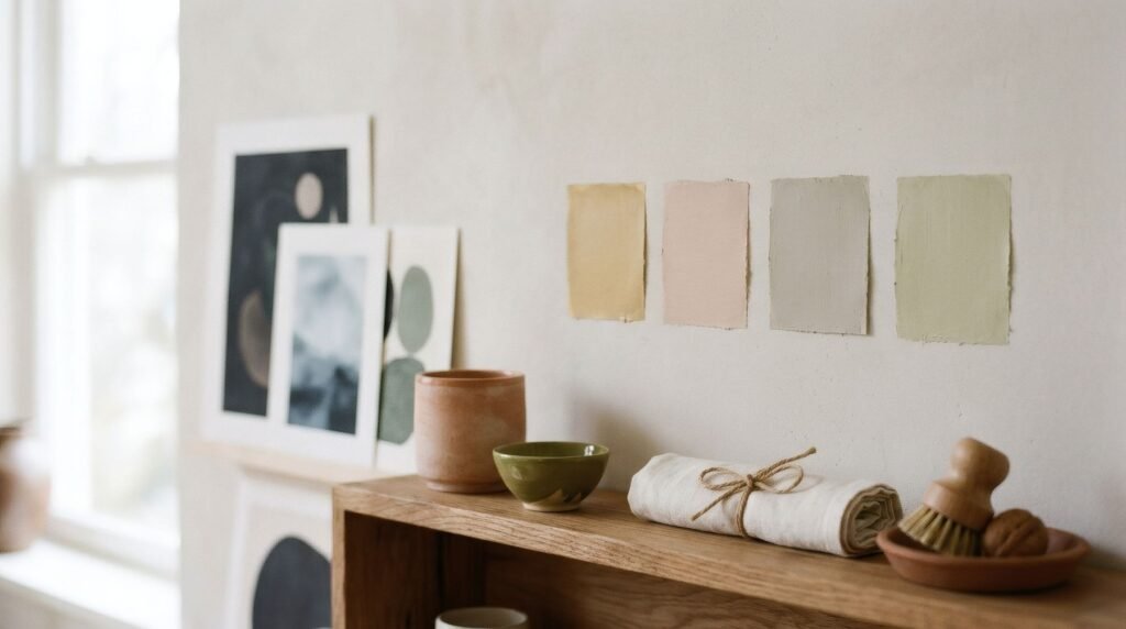 Four beige paint swatches with different undertones: golden, pinkish, greyish and greenish