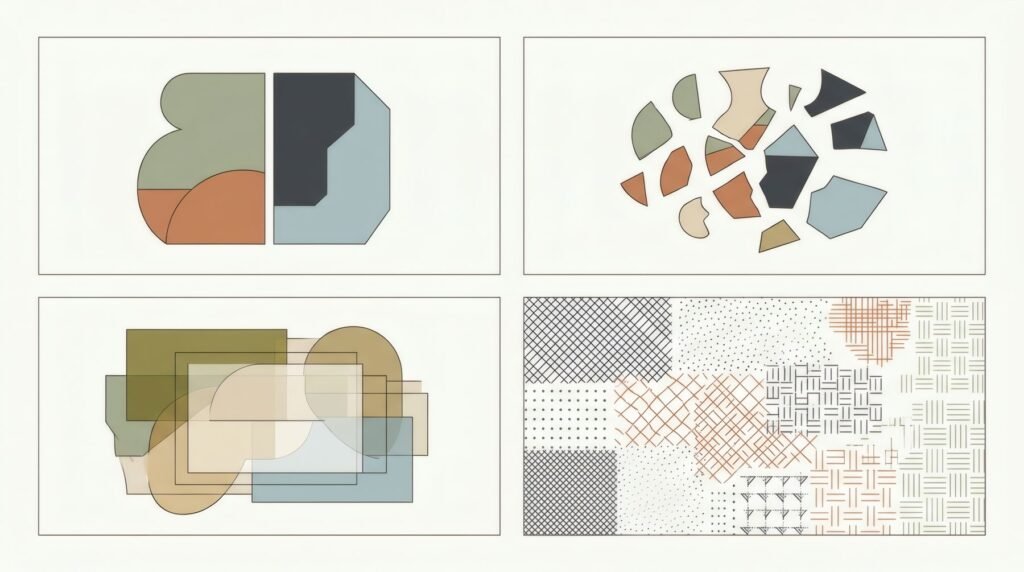 Cuatro paneles con recursos del collage: yuxtaposición, fragmentación, superposición y textura