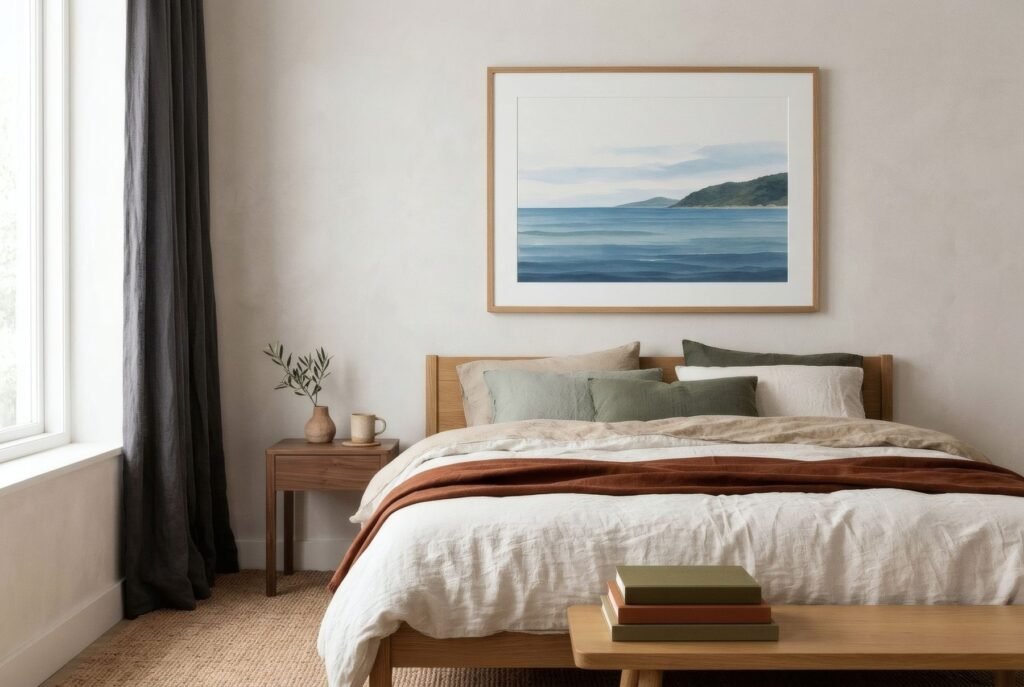 Dormitorio blanco con una lámina de paisaje brumoso sobre la cama