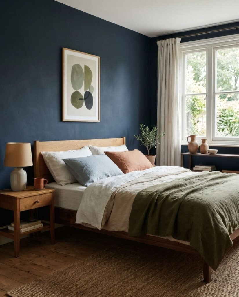 Dormitorio con las paredes pintadas de azul oscuro, cama con ropa clara y luz tenue