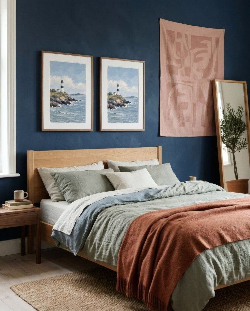 Dormitorio con pared azul marino tras la cama y una lámina rosa empolvado sobre el cabecero