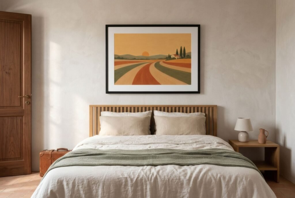Dormitorio de invitados con la cama recién hecha, un paisaje sereno sobre el cabecero y una maleta pequeña junto a la puerta