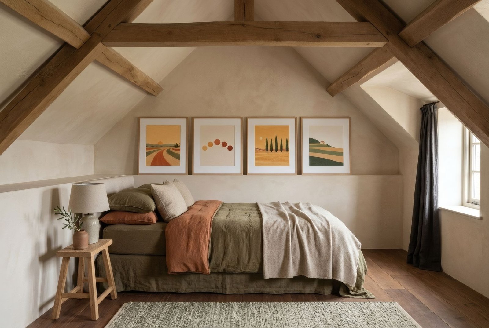 Dormitorio en buhardilla con vigas, cama junto al muro bajo y hilera de paisajes alineados por el borde inferior
