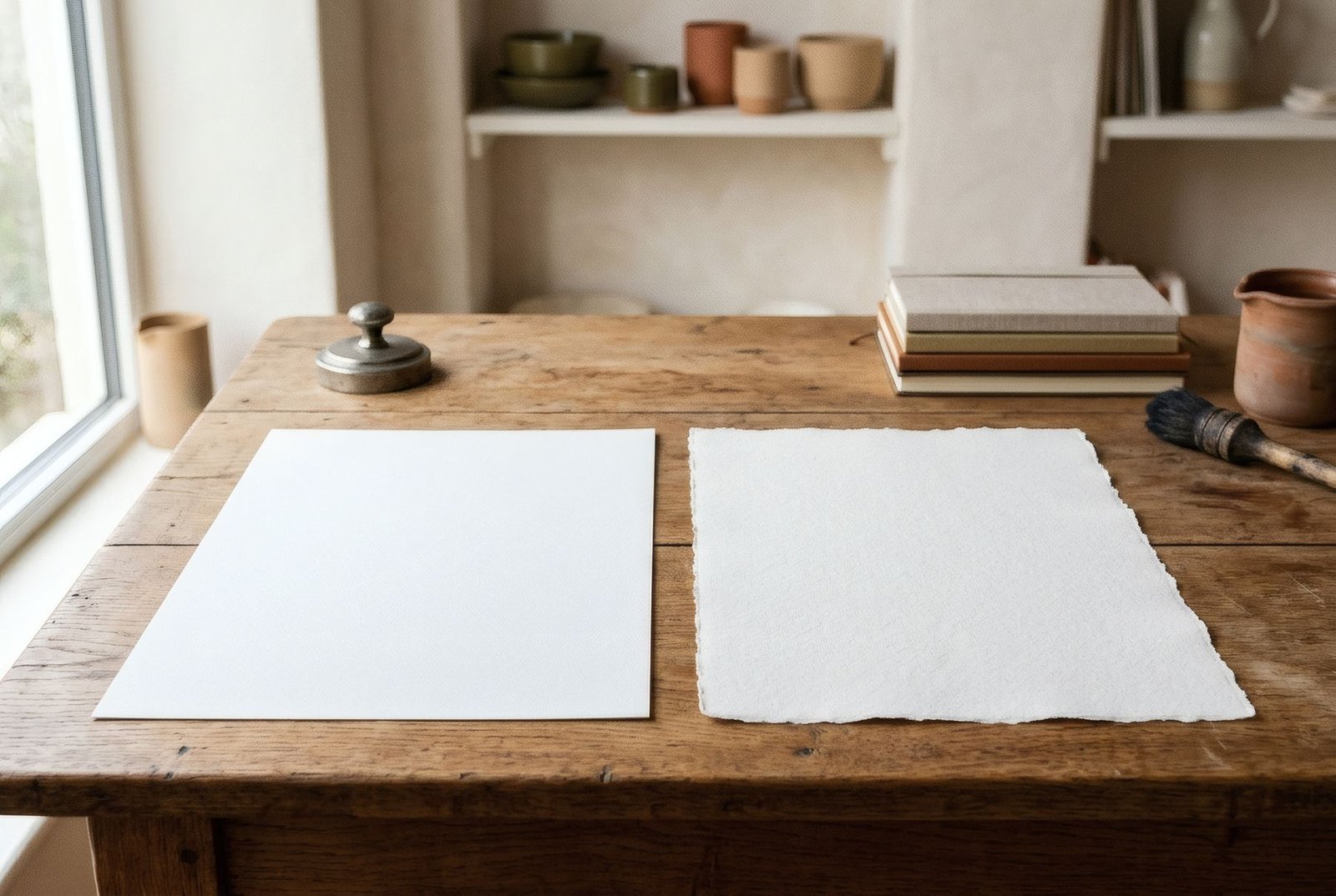 Dos hojas de papel de arte en blanco, una lisa y otra texturada, con luz lateral rasante que revela el grano