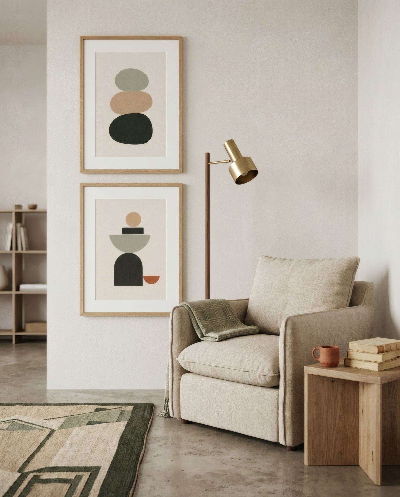 Dos láminas pequeñas apiladas en vertical junto a una lámpara de pie y un sillón de lectura