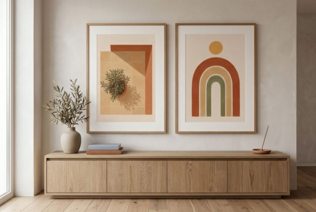 Dos láminas verticales iguales, una junto a otra, sobre un mueble de televisión largo y bajo