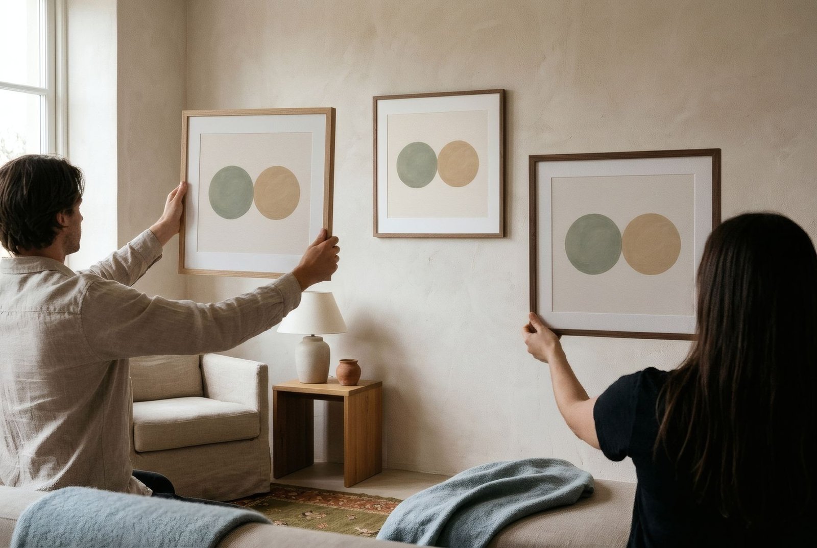 Two people seen from behind holding framed prints up against a living-room wall to try out positions