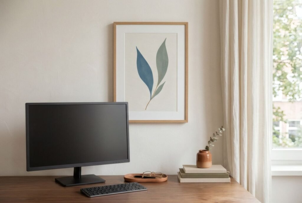 Escritorio pequeño junto a una ventana, ordenado, con una lámina serena colgada sobre el monitor