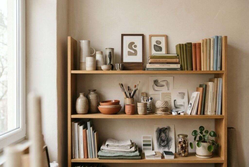 Shelf crowded with objects of different sizes and no space between them