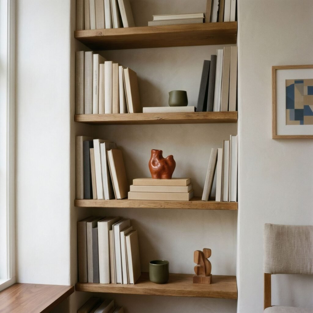 Estantería de libros neutros con un pequeño objeto de color que la equilibra