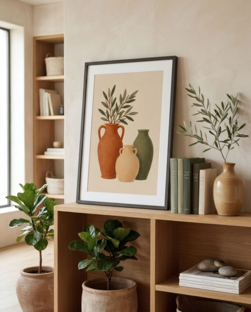 Estantería decorada con una lámina apoyada, libros, un jarrón de cerámica y una planta