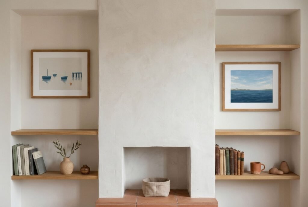 Estantes empotrados a ambos lados de una chimenea con pequeñas láminas entre los libros