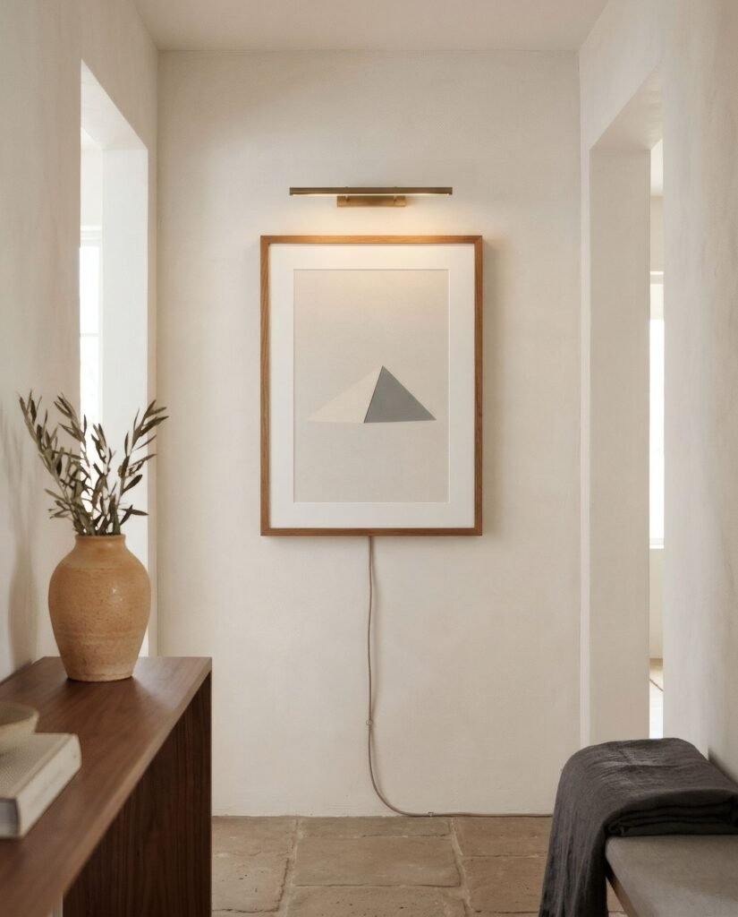 Final de un pasillo con una lámina vertical con paspartú en la pared del fondo, iluminada desde arriba por un foco de cuadro