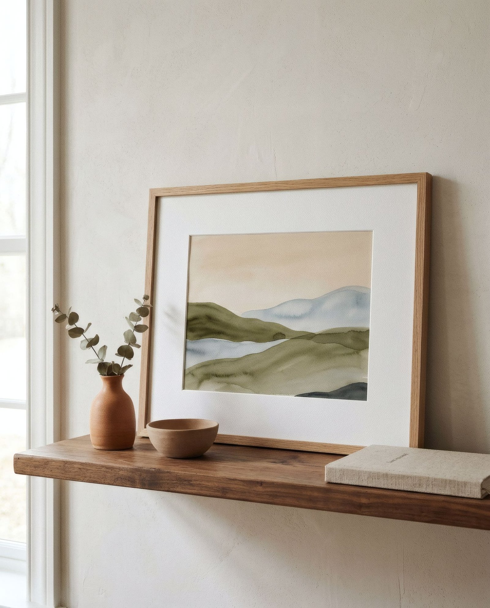 Landscape photograph printed with a wide white mount in a slim frame on a shelf