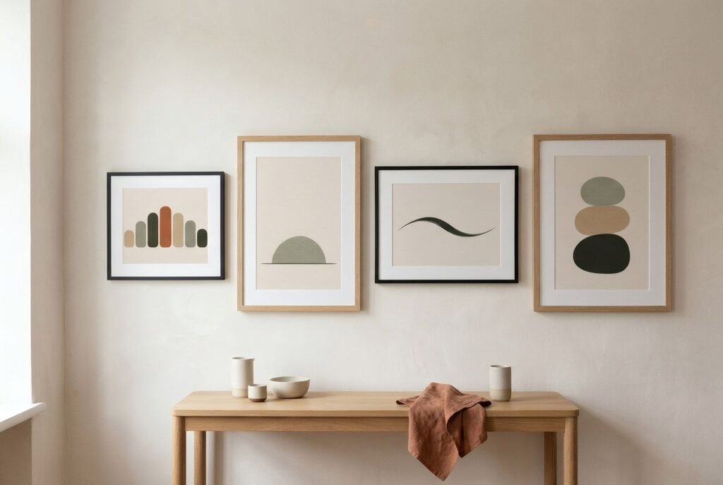 Galería de láminas que mezcla marcos finos negro mate y roble natural, todos con el mismo paspartú blanco