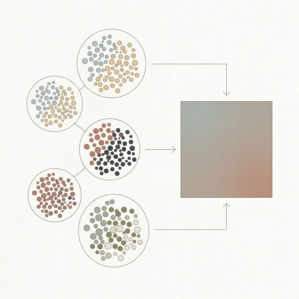 Magnified ink droplets of different colours that together form a single tone