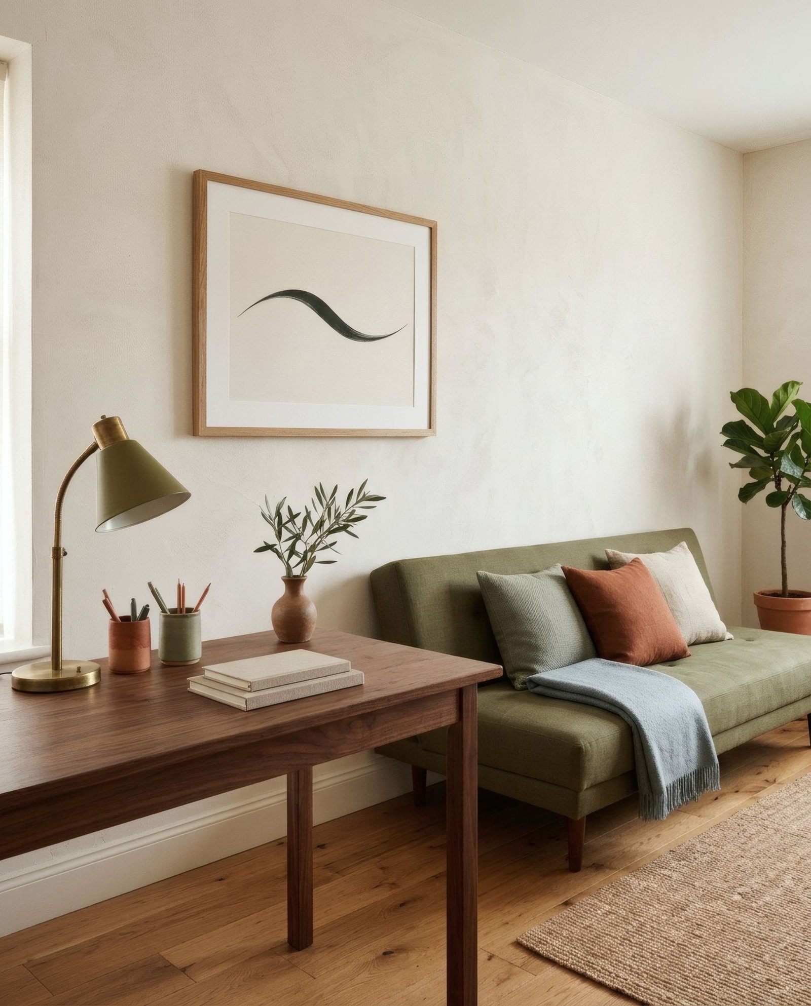 Habitación de invitados que hace de despacho, con escritorio, sofá cama y una sola lámina enmarcada en la pared