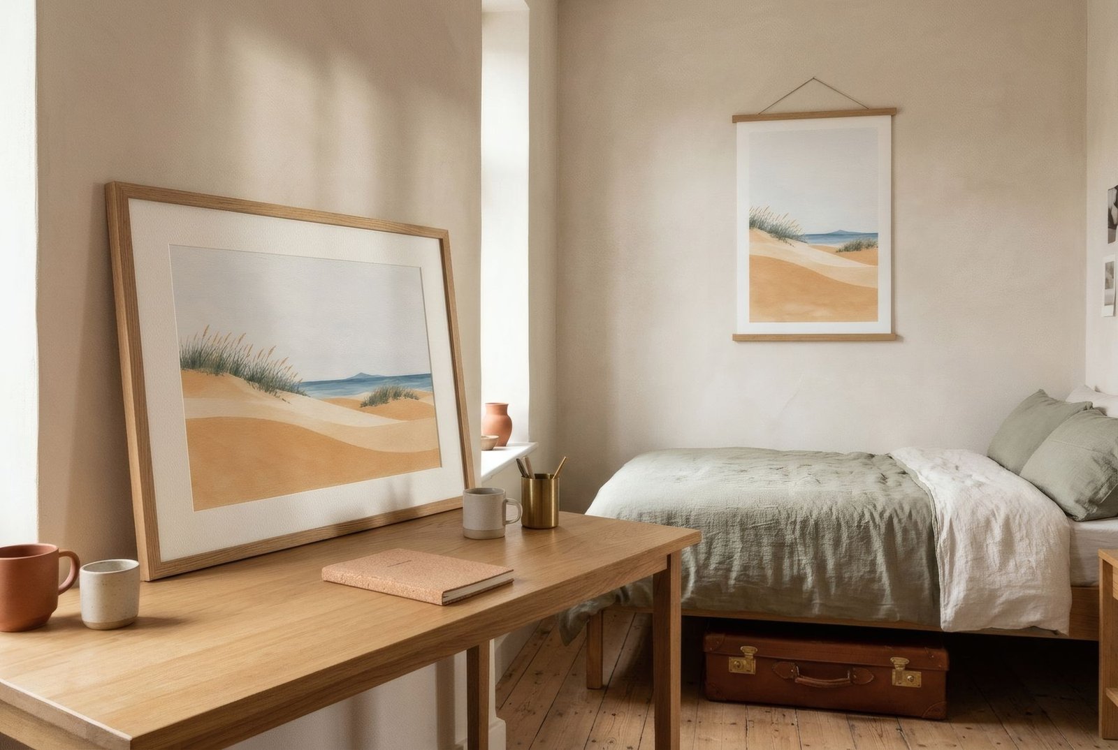 Student halls room with a framed print leaning on the desk, an unframed print in a wooden hanger by the bed, suitcase below