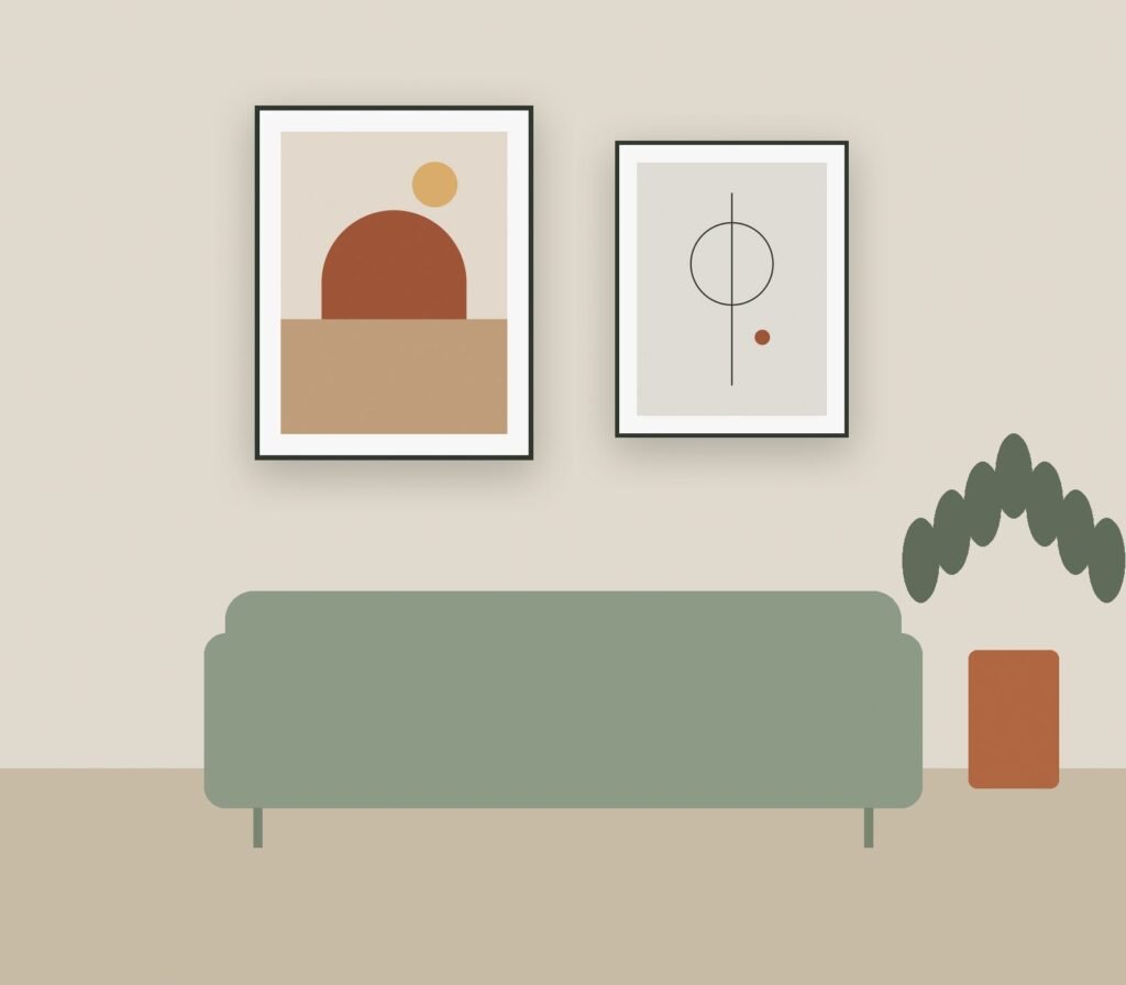 Two Bendíra prints framed on a living-room wall