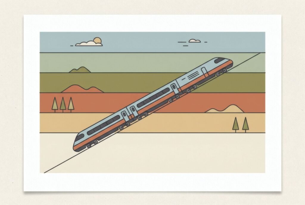 Ilustración al estilo de cartel de viaje: un tren cruza en diagonal un paisaje de bandas planas