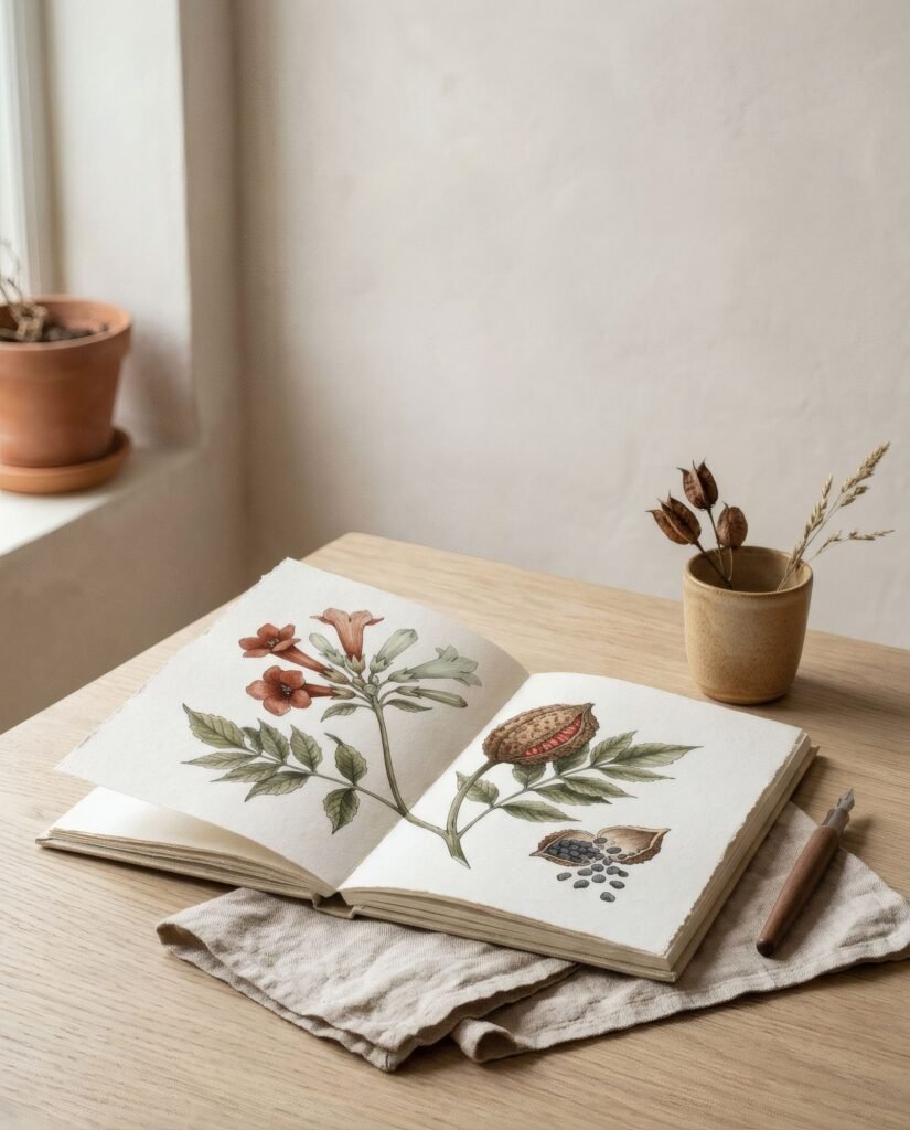 Ilustración botánica de una planta inventada que muestra flor, fruto y semilla sobre fondo claro