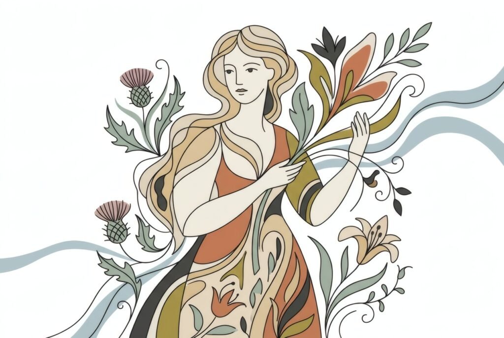 Ilustración de inspiración modernista con líneas fluidas, motivos vegetales y una figura estilizada