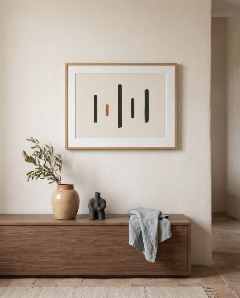 Ilustración editorial conceptual enmarcada en la pared, con un tema más narrativo que decorativo